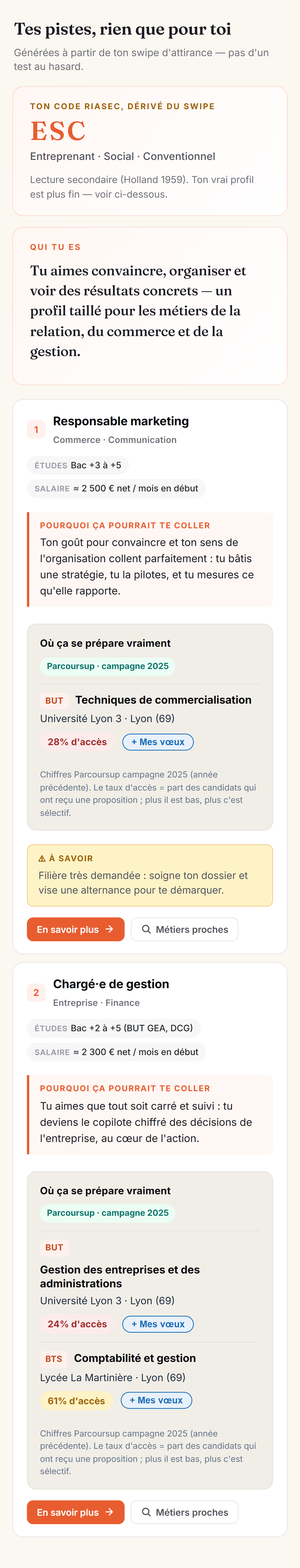 Ses pistes, dérivées du swipe — avec les vraies formations Parcoursup